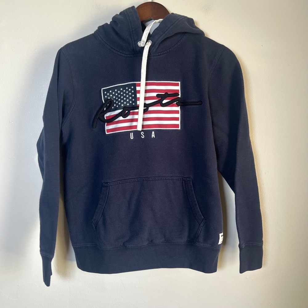 Roots USA Flag Graphic Pullover Fleece Hoodie Size Small Navy Blue